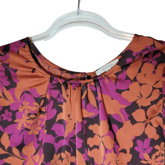 Pleione Floral Silky Blouse Scoop Neck Long Sleeve Purple Orange Black Top Large - Picture 3 of 13